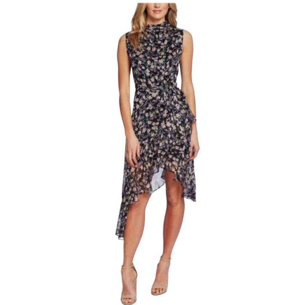 Cece Asymmetrical Sleeveless Mock Neck Floral MIDI Dress Size 10 NEW
